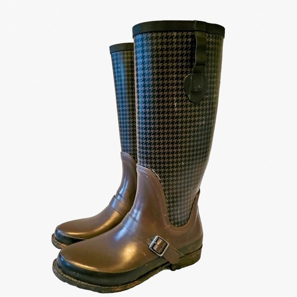 LL BEAN Wellie Tall, Black & Brown Houndstooth, Waterproof Rain Boots 9.5/10 - Picture 1 of 12